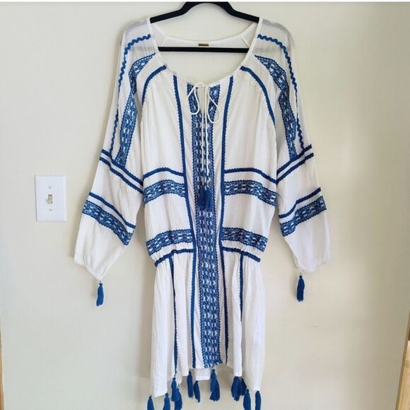 Dodo Bar Or Mustafa Cotton Cover Up Dress Blue Embroidered Tassels Mini Cover - Picture 2 of 8